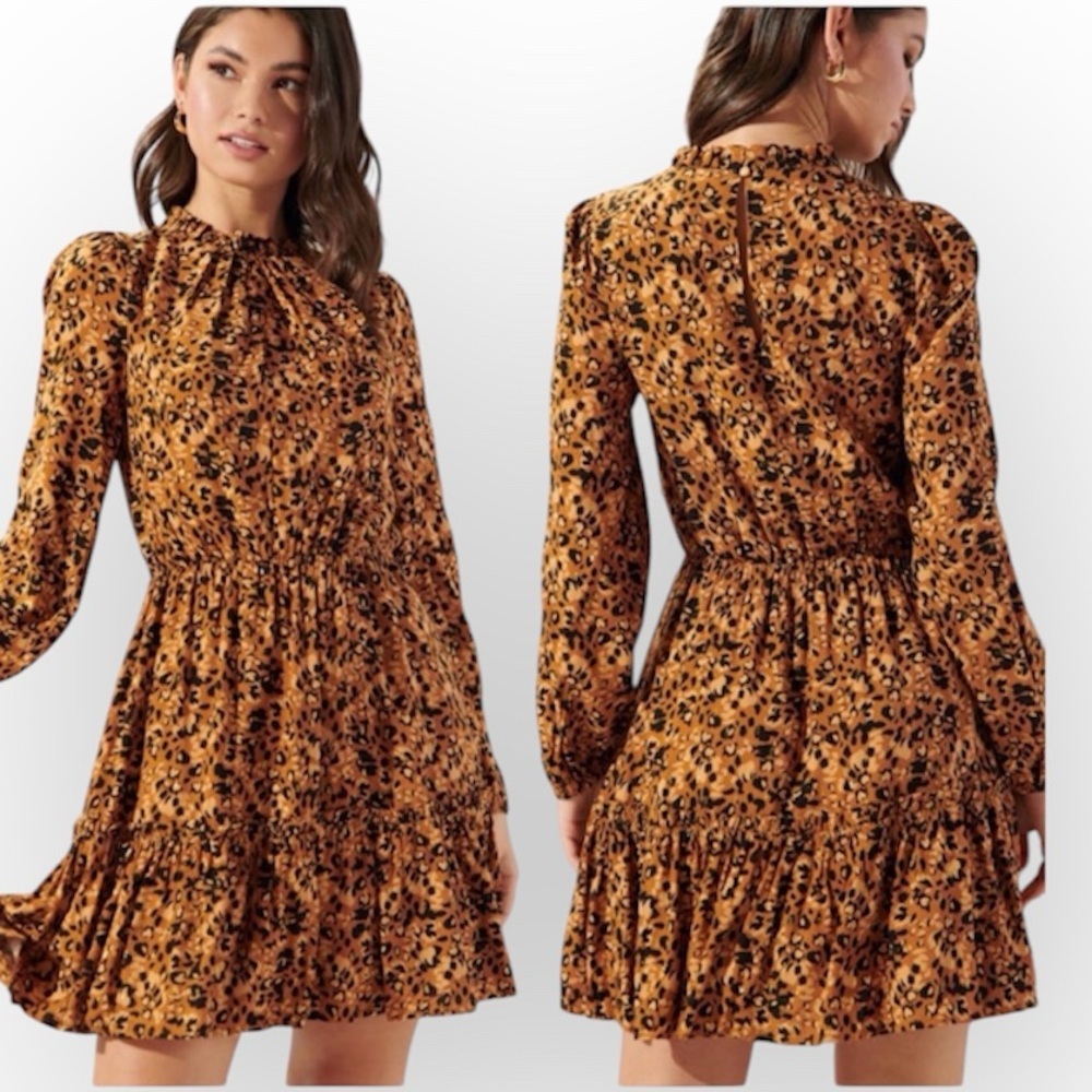 Sugarlips Brown and Black Leopard Print Long Sleeve Ruffle Dress